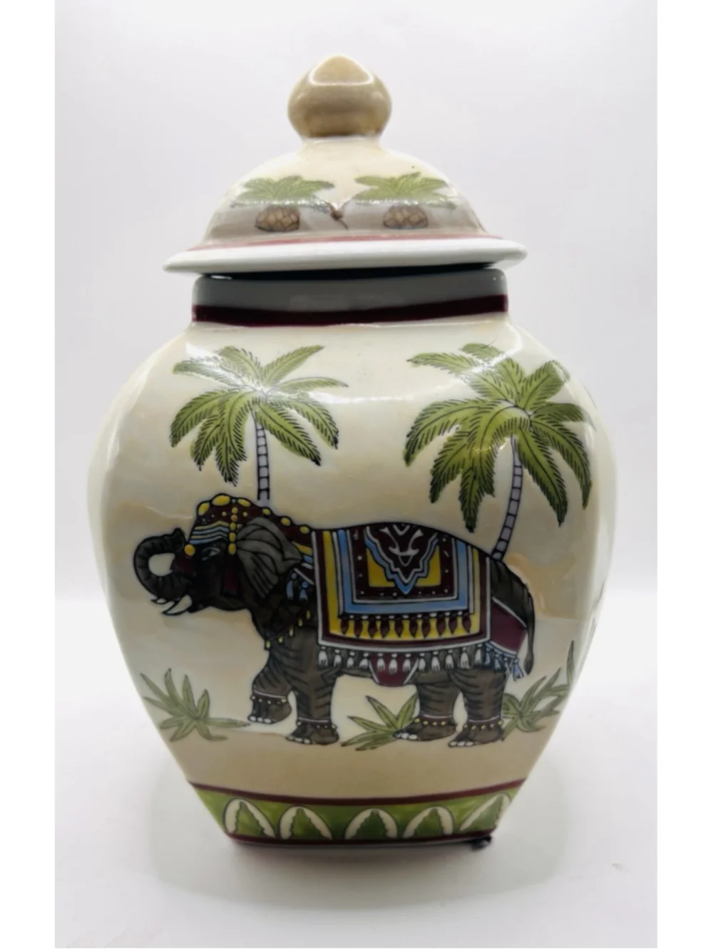 Vintage Chinese Elephant Palm Hand Painted Asian Artistic Canister Urn Vase